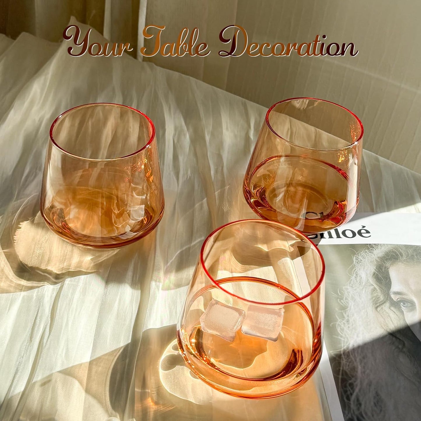 Stemless Wine Glasses Set 6 - Peach Color Stemless Wine Glasses - 14oz Tumbler - Peach Glassware for Wine or Soft Drinks - Unique Valentine's Day Gifts