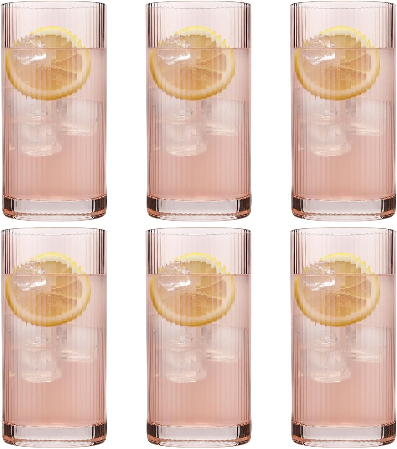 Physkoa Peach Ribbed Drinking Glasses Set of 6 – Vintage Embossed Highball Glassware, Thick Premium Tumbler Cups for Water, Cocktails, Iced Coffee, Modern Kitchen Bar Gift Set