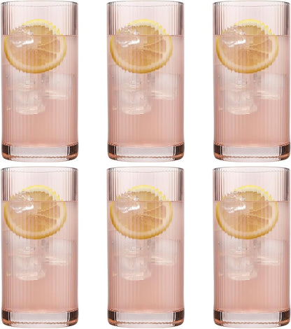 Physkoa Peach Ribbed Drinking Glasses Set of 6 – Vintage Embossed Highball Glassware, Thick Premium Tumbler Cups for Water, Cocktails, Iced Coffee, Modern Kitchen Bar Gift Set