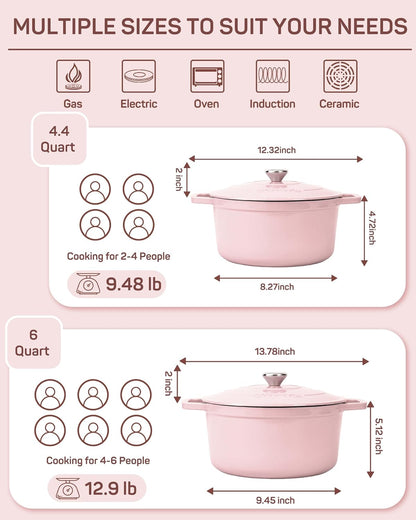 Ciwete Enameled Cast Iron Dutch Oven – 4.4 Quart Pot with Lid & Potholders – Heavy-Duty Cookware for Bread Baking, Braising, Stews & Roasting – Oven & Stovetop Safe up to 500°F – Pink