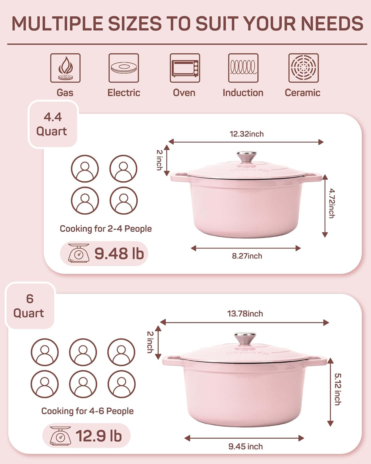 Ciwete 6 QT Dutch Oven Pot with Lid, Enameled Cast Iron Dutch Oven for Bread Making, Braiser, Cooking, Dual Handles, Oven Safe up to 500° F or on Stovetop, Gifts for Family - Pink