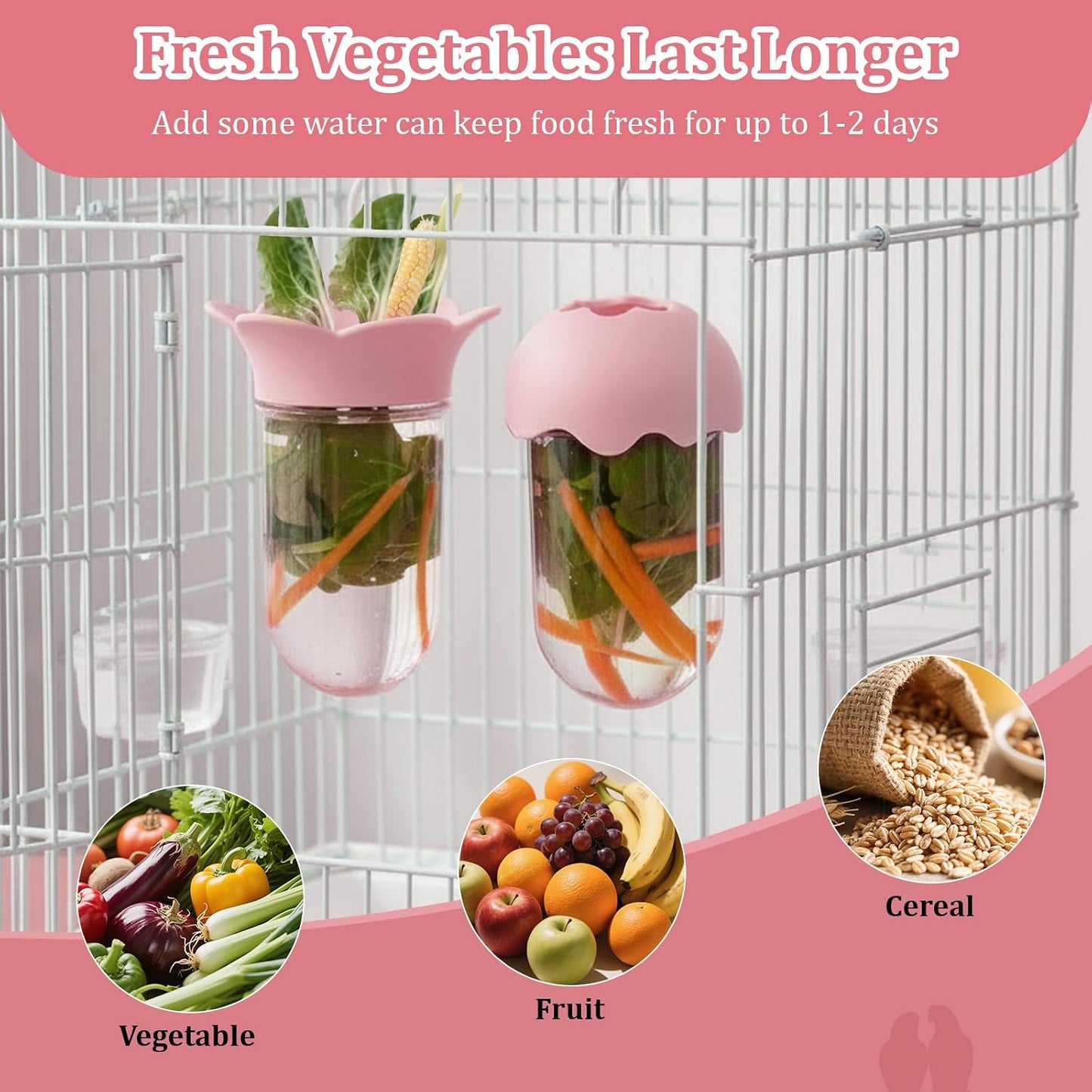 2 PCS Bird Cage Vegetable Feeder, Bird Food Dispenser with Water Storage Design to Keep Vegetables Fresh, Hanging Birds Feeder, Parakeet Cage Accessories for Cockatiel & Small Birds (Pink)