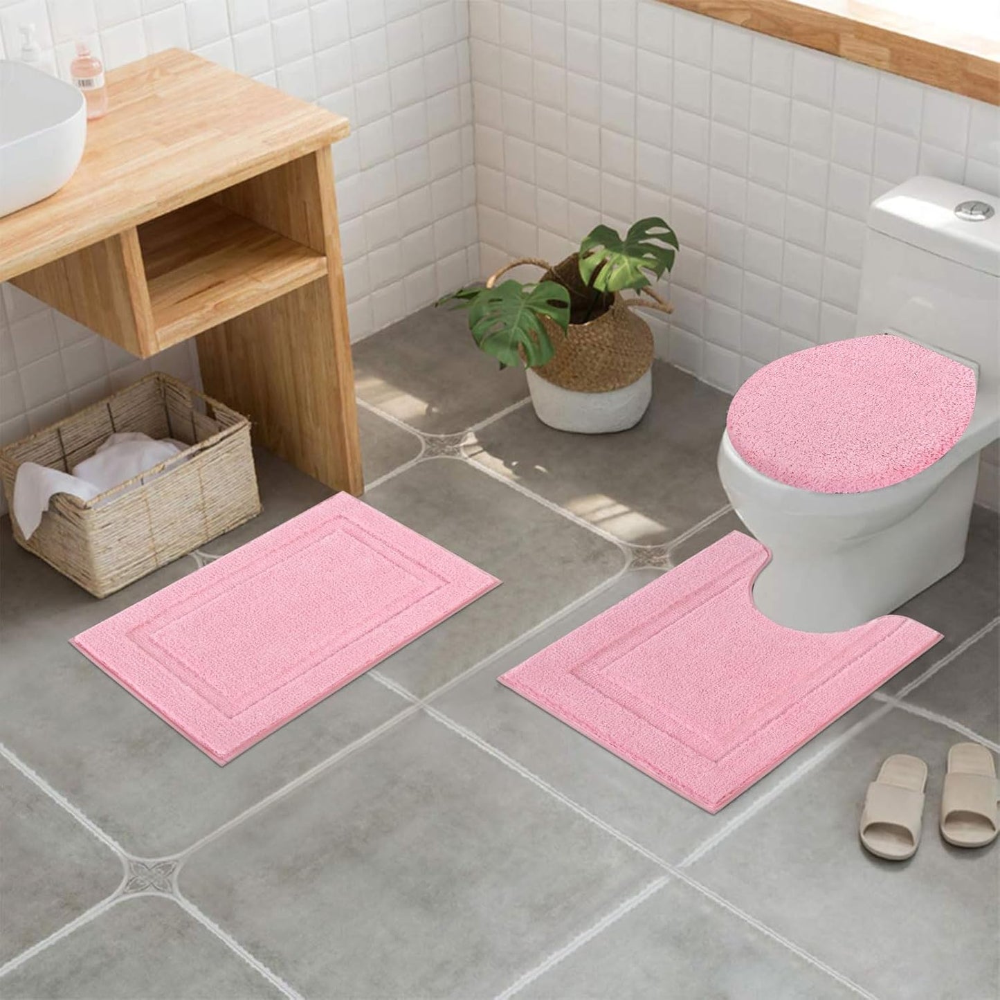 SHACOS 3 Pieces Bath Rugs Set with Toilet Lid Cover Soft Absorbent Bath Mats U Shape Contour Rug Toilet Cover Absorbent Non Slip Machine Washable Plush Bathroom Rug (Pink)