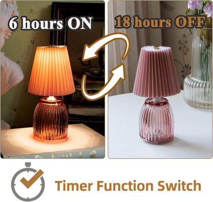 MJ PREMIER Small Battery Operated Lamp for Home Cordless Lamps with Timer 8.7 in High Battery Powered Pleated Lamp Emergency Small Lamps for Cozy Bedside Living Room Shelf Entryway Pink