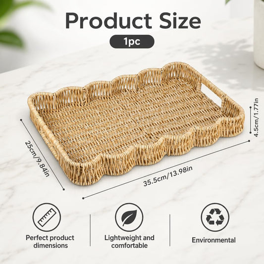 Scalloped Tray Rectangle with Handles, Plastic Hand Woven Serving Trays Rustic Coffee Table Decorative Tray for Living Room, Kitchen, Bathroom, Dining Table Decor (13.98 x 9.84 x 1.77 Inch)