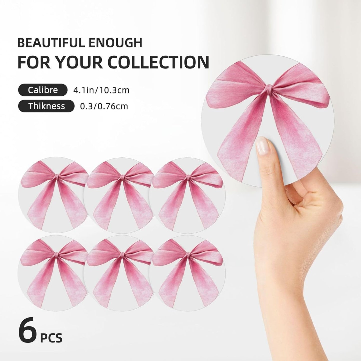 Watercolor Light Pink Coquette Bow Ceramic Coasters with Holder Set of 6 Coffee Cup Drink Coasters