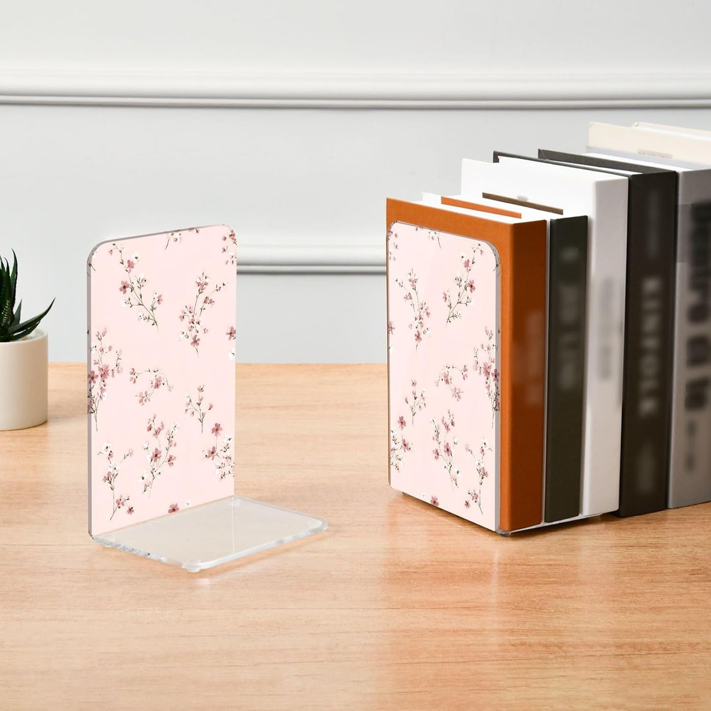 Light Pink Small Floral 1 Bookends Book Ends for Shelves Heavy Books Stopper Decorative Acrylic Non-Slip 1 Pair