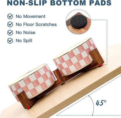 Ceramic Dog Bowls for Medium Dogs, 3.5 Cups Checkered Dog Food and Water Bowl with Acacia Wood Stand, Non-Slip Anti-Tip Elevated Feeding Station, Pink and White
