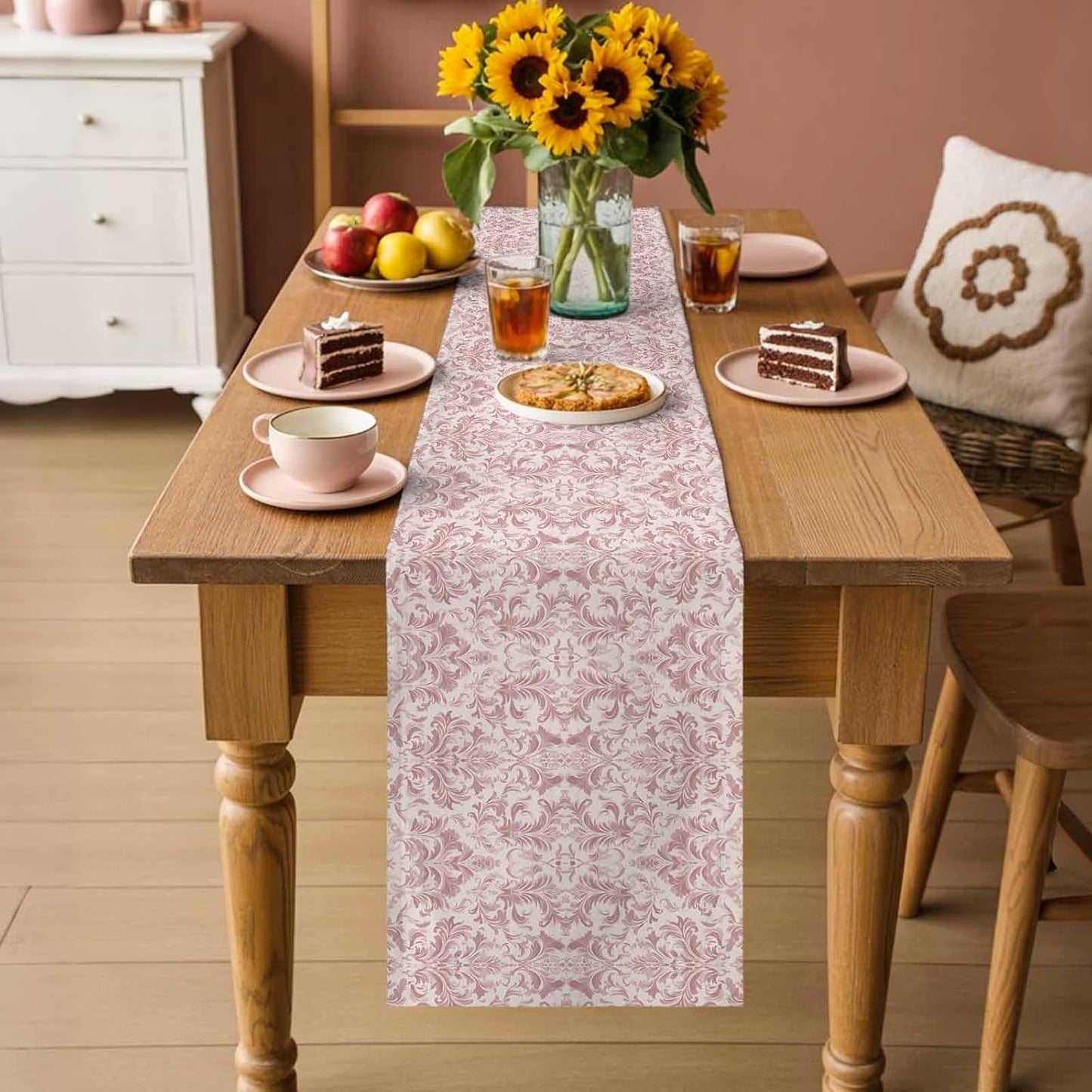 Pink Baroque Cotton Linen Table Runner for Dining Kitchen, Farmhouse Scroll Floral Damask Patterned Wedding Outdoor Party Tablerunners Decoration, Dresser Scarf Coffee Tablecloth Runners 13x72 Inches