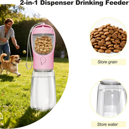 Portable Dog Water Bottle with Food Container, BPA Free Travel Water Bottle for Dogs, 2-in-1 Dispenser Drinking Feeder for Pets Walking, Hiking, Travel, Puppy Essentials, Pink, 12oz