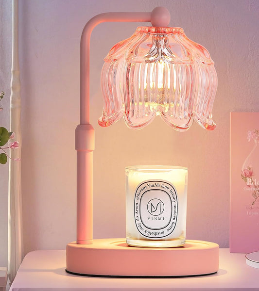 MEIXISUE Pink Flower Candle Warmer Lamp with Timer Dimmer, Adjustable Height No Flame Wax Warmer for Jar Candles, Ideal Gifts for Mom Women, ‌Housewarming New Home Bedroom Decor with 2 Bulbs