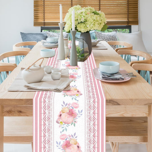 Pink Striped Printed Lace Floral Spring Table Runner, 13x72 Inch | Seasonal Summer Kitchen Dining Table Decoration for Holiday Home Dining Style Table Party Decoration