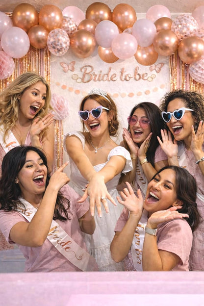 SHYDUCK Rose Gold Bridal Shower Decoration in Clearance, Bachelorette Party Decor with Bride To Be Banner, 3D Butterfly Wall Decor, Balloons, Fringe Curtain & Balloon Arch Strip (Pink)