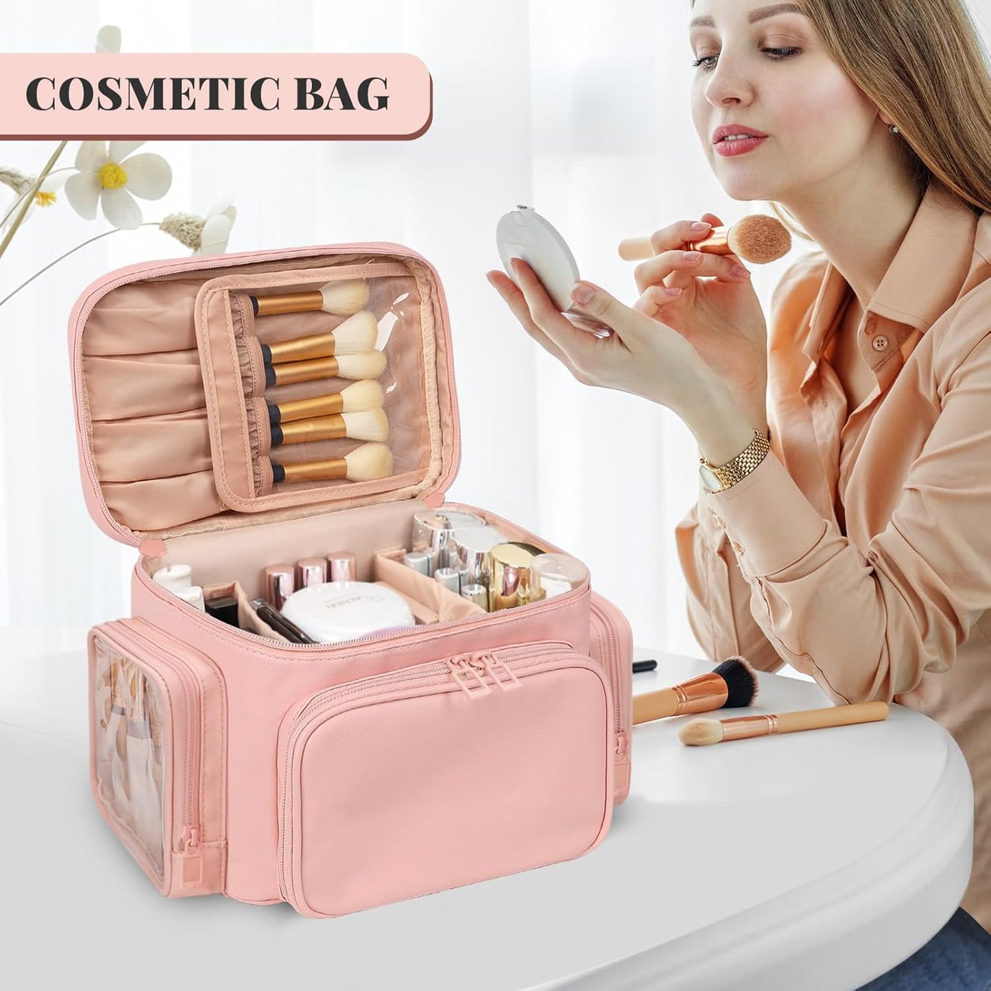 Bagmoly Large Makeup Bag, Portable Travel Makeup Bag Organizer for Women Girls with Makeup Brush Compartment & Two Side Pockets, Cosmetic Travel Bag Vertical Storage Toiletry - Pink