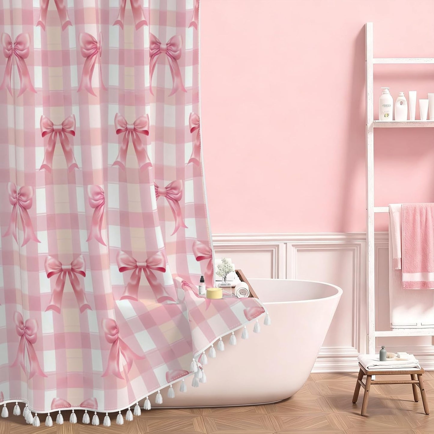 AOFOTO Pink Bow Shower Curtain with Tassels, Pink Buffalo Plaid Bath Curtain Accessories Set with Hooks Cute Aesthetic Art Girly Bathroom Tassel Shower Curtains for Women Girl Home Decor 72x72 Inch