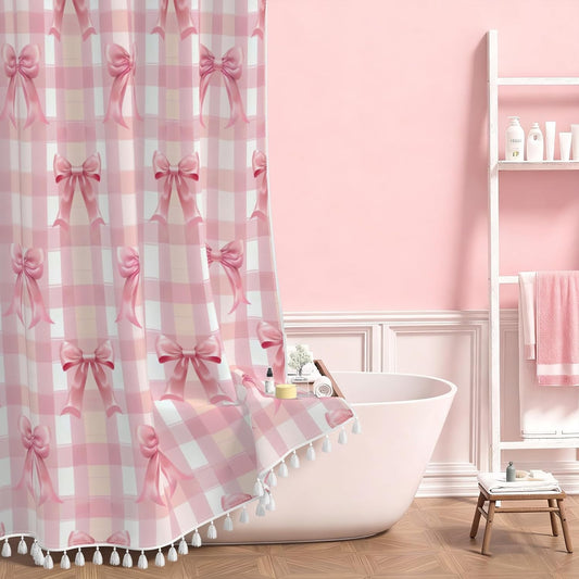 AOFOTO Pink Bow Shower Curtain with Tassels, Pink Buffalo Plaid Bath Curtain Accessories Set with Hooks Cute Aesthetic Art Girly Bathroom Tassel Shower Curtains for Women Girl Home Decor 72x72 Inch