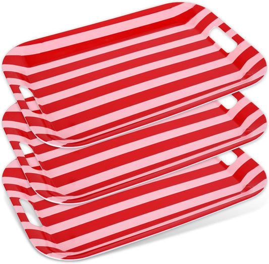 Whaline 3 Pcs Stripe Serving Trays Melamine Platter Red Pink Serving Dishes for Baby Shower Wedding Party Sharing Food Supplies, 16.5 x 11 Inch