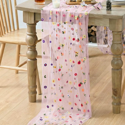 Artoid Mode Light Pink Wildflower Floral Gauze Embroidery Table Runner 120 Inch 10FT, Tulle Seasonal Spring Kitchen Dining Table Decor for Home Party