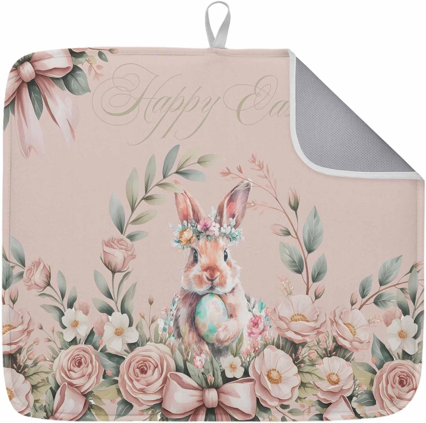 Kitchen Drying Mat Set of 1, Easter Rabbit Rose Flower Absorbent Microfiber Dish Drying Rack Drying Mat, Spring Pastoral Floral Light Pink Dish Drying Pad for Countertop