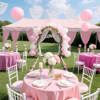 Just Shimmer 4 Pieces Pink Series Round Tablecloth, 84" Solid Color Waterproof & Spillproof Disposable Plastic Table Cover, Durable Party Tablecloth for Dining, Buffet, Picnic, Outdoor Events