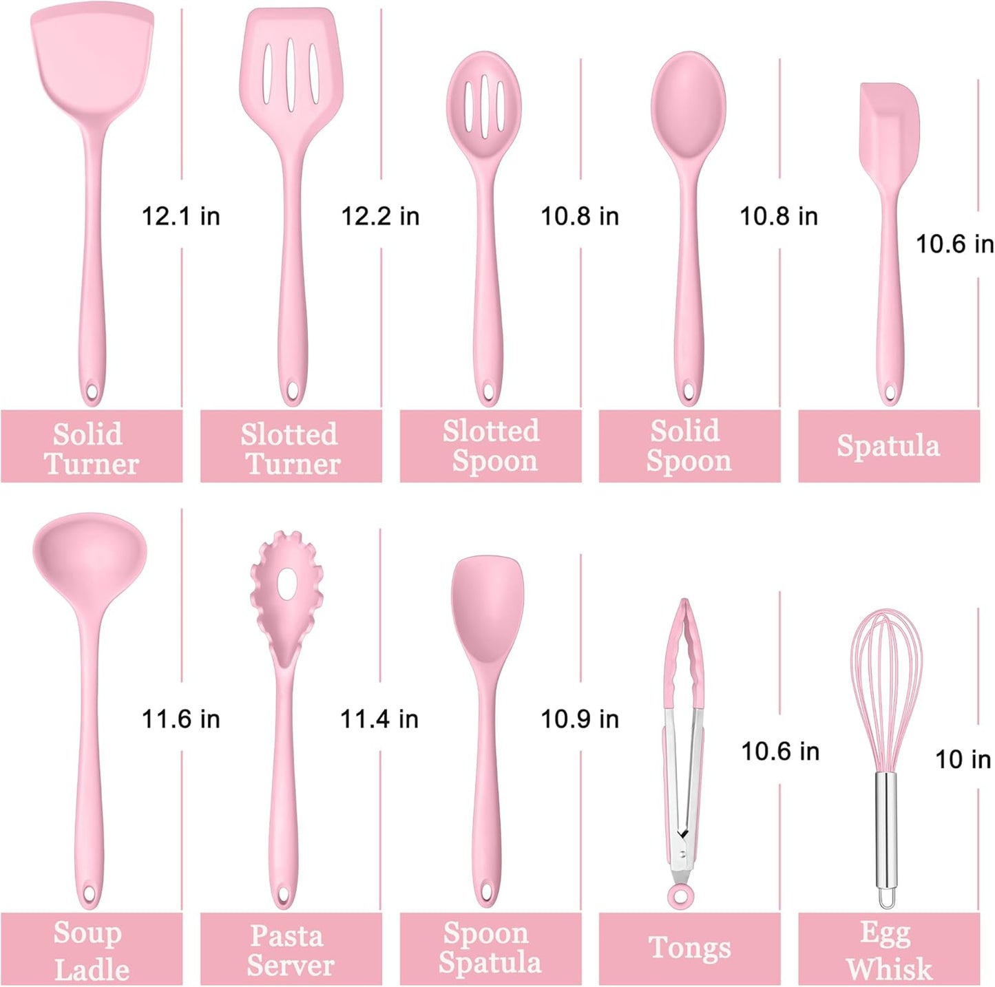 E-far Pink Silicone Cooking Utensils Set, 10-Piece Kitchen Utensil Set for Nonstick Cookware, Silicone Kitchen Tools with Spatula Turner Spoon Tongs Whisk, Heat Resistant & Non-Toxic, Dishwasher Safe
