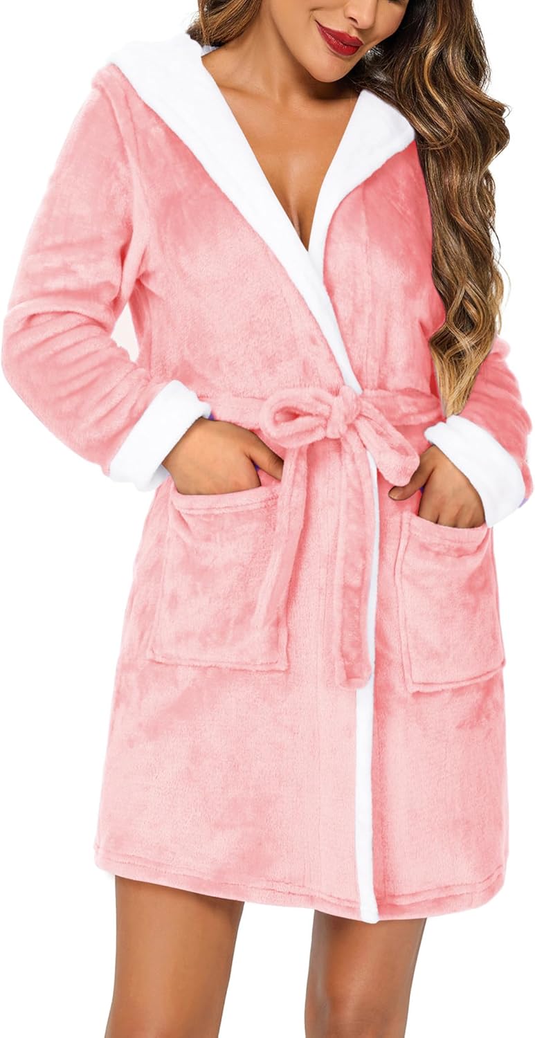 HOTOUCH Womens Hooded Bathrobe Fleece Robe Super Soft Plush Robe Velour Bathrobe