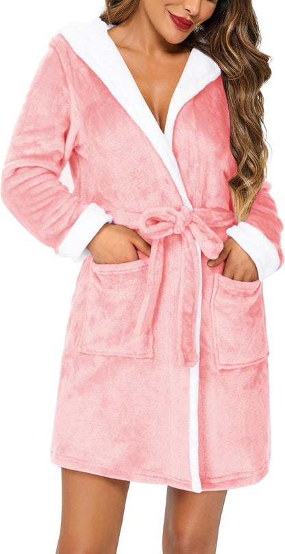 HOTOUCH Womens Hooded Bathrobe Fleece Robe Super Soft Plush Robe Velour Bathrobe