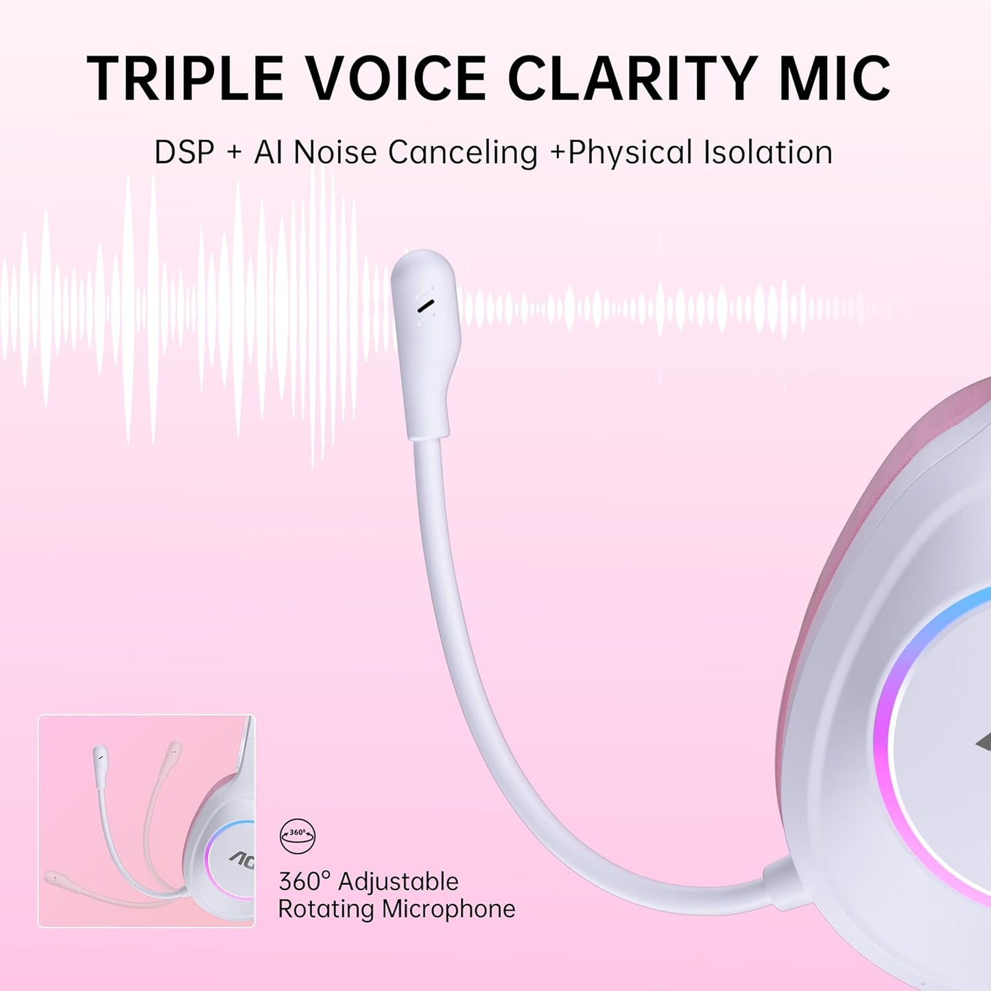 AOC Wireless Gaming Headset Compatible with ps5/4, PC, USB-C & Bluetooth 5.4 & 2.4GHz Gaming Headphones with Noise Canceling Mic, 7.1 Virtual Surround,20ms Latency, 45H, RGB- Pink