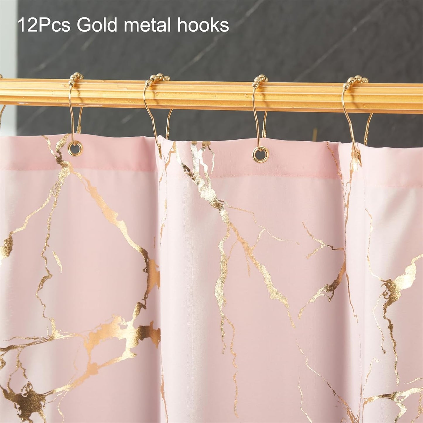 Pink Shower Curtain - Luxury Foil Gold Printed Pink and Gold Marble Shower Curtains for Bathroom, Glitter Bathroom Curtain with Hooks, Waterproof Washable Fabric, Standard 72x72 Inches