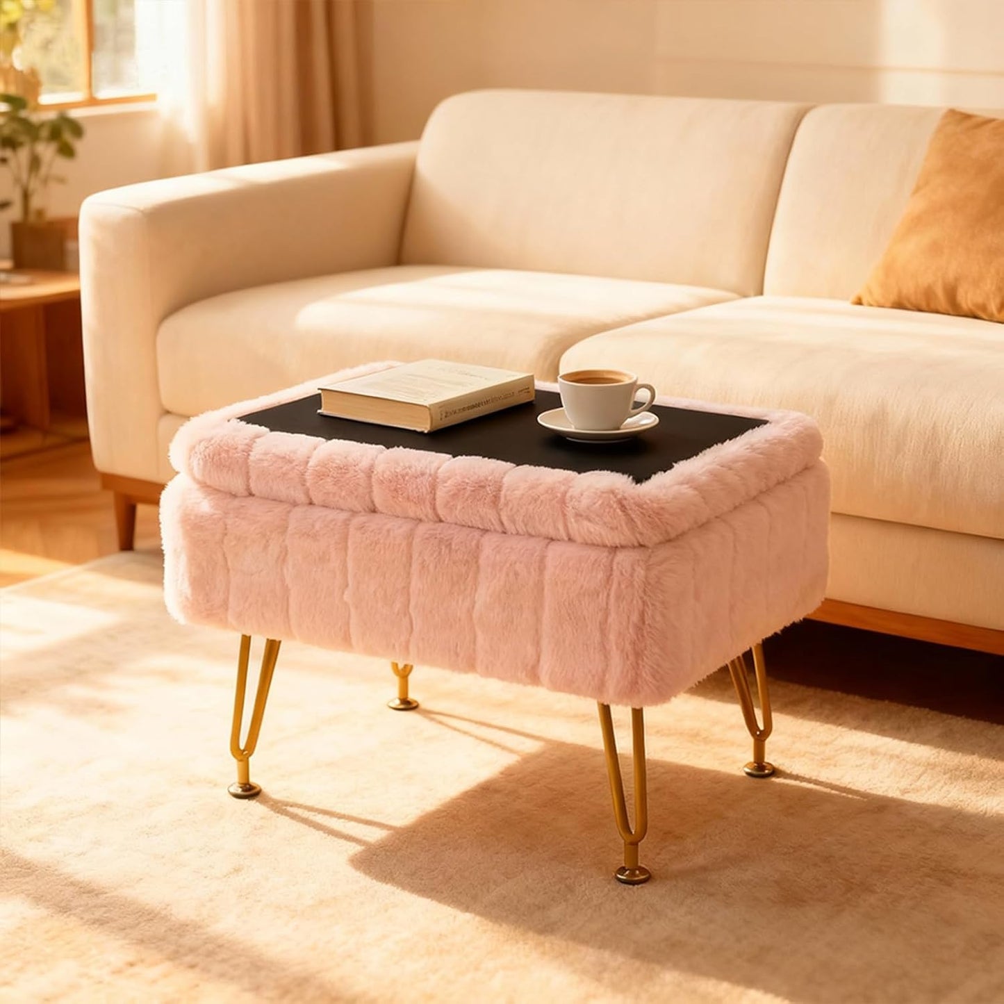 Small Foot Stool with Storage & Gold Metal Legs, Small Ottoman Foot Rest Under Desk for Couch, Chair, Pink Furry with High-Density Resilient Sponge