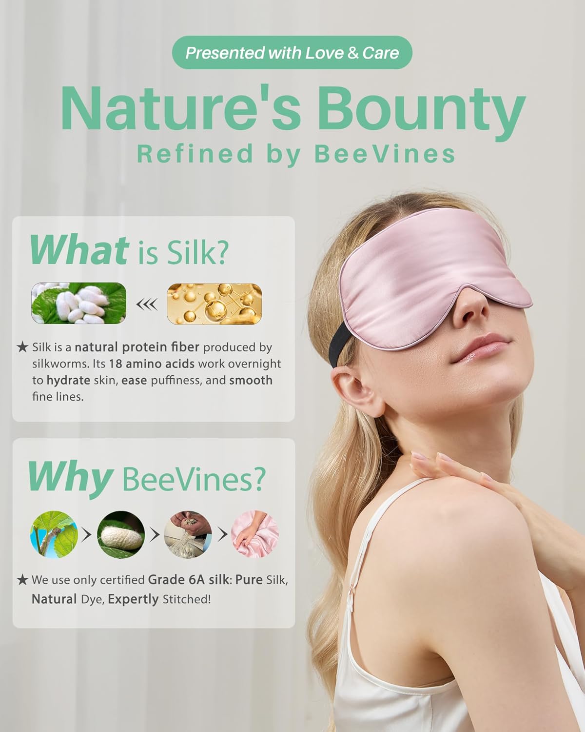 BeeVines 100% Real Mulberry Silk 2 Pack Sleep Mask, Natural Pure Silk Eye Masks with Adjustable Strap for Sleeping, 100% Block Light Eye Sleep Shade Cover, Reduces Puffy Eyes Traveling Gifts