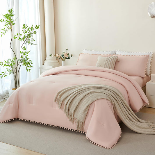 PERFEMET Peach Pink Comforter Set Twin Size, 5 Pieces Fluffy Solid Pink Pom Pom Twin Bedding Sets for Girls, All Season Soft Vintage Shabby Chic Kids Teen Bed in a Bag with Sheet Set