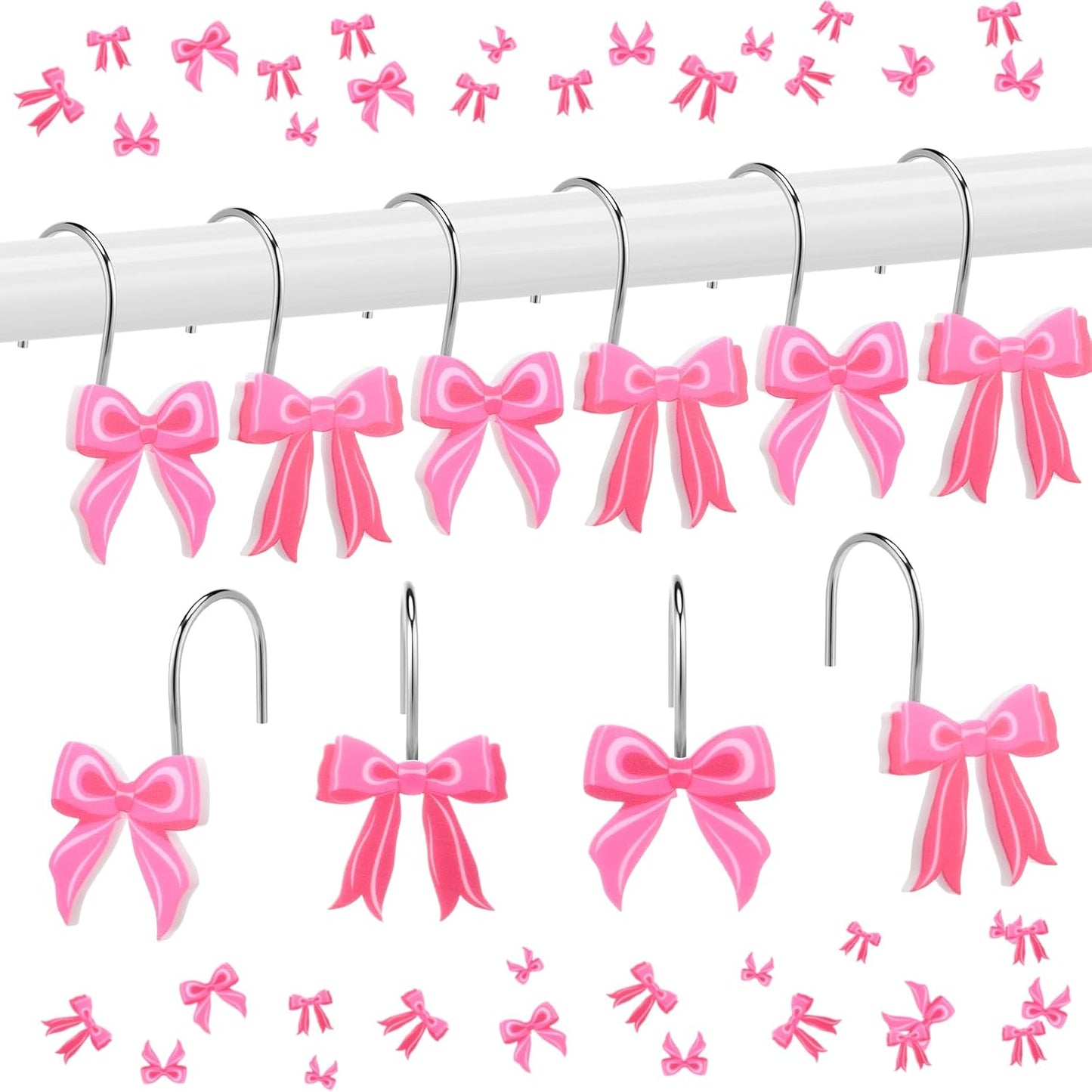 Yungyan 12 Pcs Pink Bow Shower Curtain Hooks Metal Rustproof Curtain Hangers Pink Bow Knot Decorative Stainless Steel Hook Ring for Spring Mother's Day Bathroom Wedding Birthday Preppy Bathroom Decors