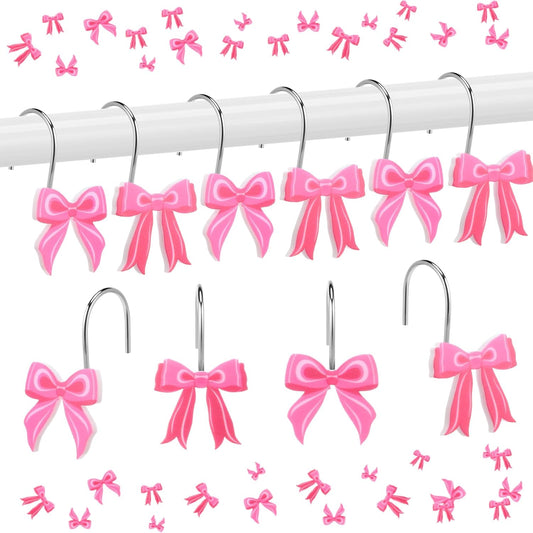 Yungyan 12 Pcs Pink Bow Shower Curtain Hooks Metal Rustproof Curtain Hangers Pink Bow Knot Decorative Stainless Steel Hook Ring for Spring Mother's Day Bathroom Wedding Birthday Preppy Bathroom Decors
