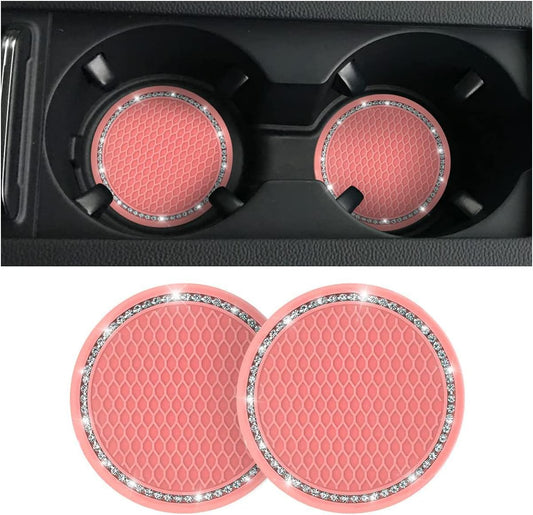 Bling Crystal Rhinestone Car Cup Holder Coaster, 2 PCS Universal Auto Accessories 2.75 Inch Anti Slip Insert Mat Pad Set, Suitable for Most Cars, Trucks, Vehicles Interior (Light Pink)