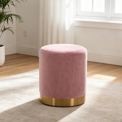 LSSBOUGHT Round Velvet Ottoman, 16" H Footrest Stool with Gold Metal Base, Modern Upholstered Vanity Stool for Living Room, Bedroom, Entryway (Pink, Set of 1)