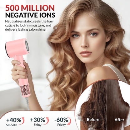 Chignon Hair Dryer with Diffuser, Ionic Travel Hairdryer with 160,000 RPM High-Speed Motor for Fast Drying, 1600W Lightweight Blow Dryer with Concentrator for Women Men, Professional Salon Home, Pink