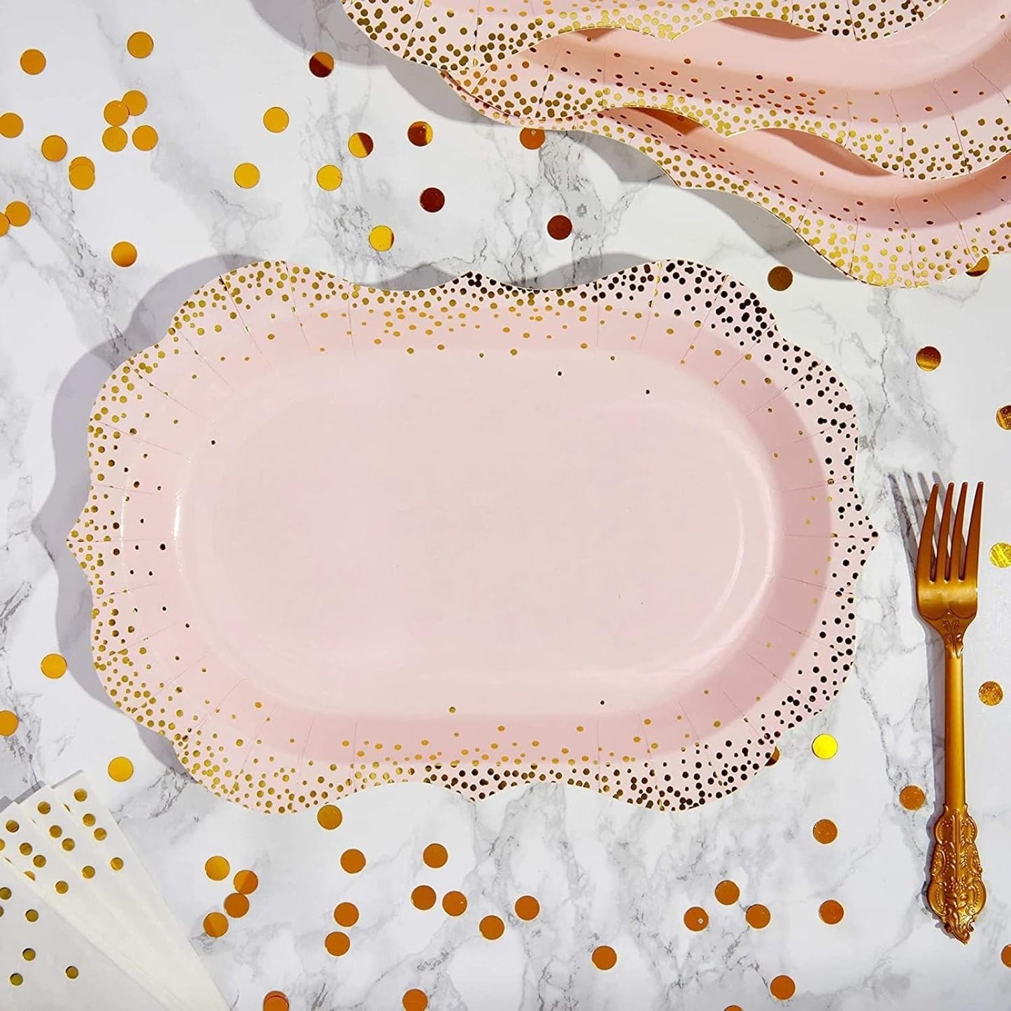 Sparkle and Bash 24-Pack Pink Disposable Serving Trays, Gold Foil Polka Dotted Party Platters for Wedding, Birthday, Tea Party, Brunch Decorations, Table Centerpiece, Home Decor (9x13 in)