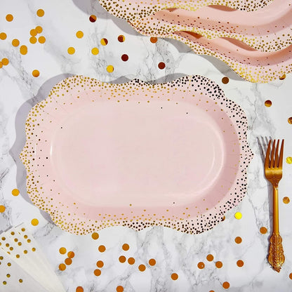 Sparkle and Bash 24-Pack Pink Disposable Serving Trays, Gold Foil Polka Dotted Party Platters for Wedding, Birthday, Tea Party, Brunch Decorations, Table Centerpiece, Home Decor (9x13 in)