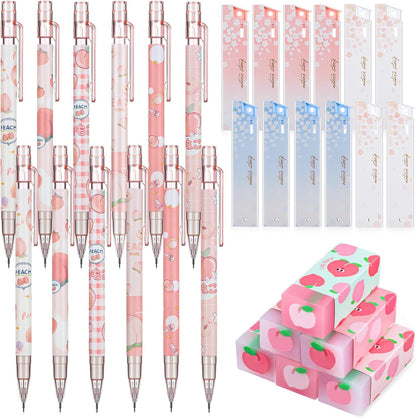 Breling 30 Pcs Kawaii Peach Mechanical Pencil Gift Set 12 Mechanical Japanese Pencils 6 Cute Peach Eraser 12 Tube HB Refill Graduation First Day of School Office Gift(0.5mm)
