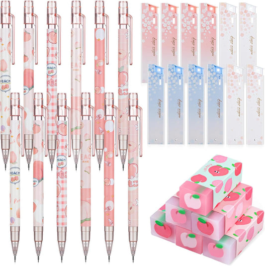 Breling 30 Pcs Kawaii Peach Mechanical Pencil Gift Set 12 Mechanical Japanese Pencils 6 Cute Peach Eraser 12 Tube HB Refill Graduation First Day of School Office Gift(0.5mm)