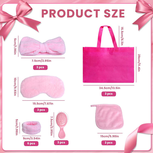 18 Pcs Sleepover Party Supplies for Girls, Sleepover Stuff Eye Mask Spa Headband Hair Scrunchie Tote Bag, Slumber Party Supplies for Women, Wash Cloths Hairbrush Sleeping Stuff Accessories (Pink)
