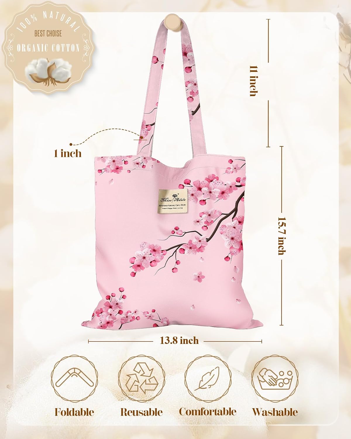 Miss Adola Cloth Tote Bag for Women - Reusable Tote with Pocket & Buckle Cute Retro Design Ladies Cotton Printed Shoulder Bag
