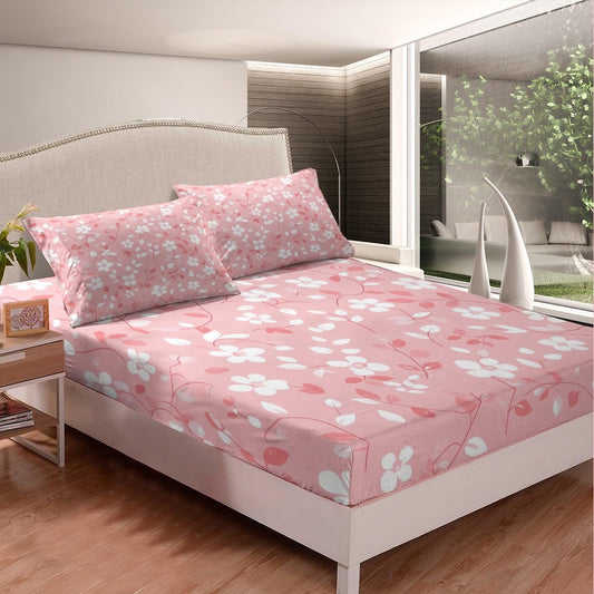 Peach Blossom Bedding Set King Size,Pink White Floral Bed Sheet 4Pcs,Romantic Exotic Flat Sheet + Fitted Sheet for Kids Girls Woman Adult Room Decor,Soft Sweet Modern Bottom Sheet,2 Pillowcases