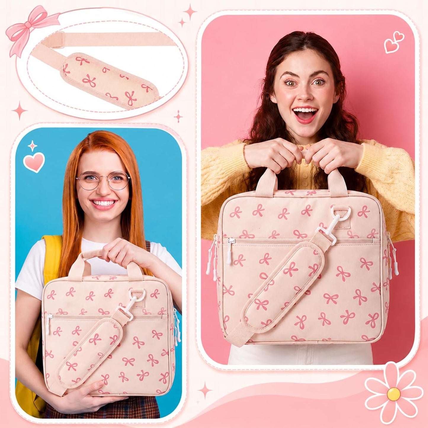 Zipper Binder Folder Keeper with Strap 2 Inch 3 Ring Multi-Pocket Zipper Bag for 13" Laptop 5-tab Expanding File Folder for Women Men Office Middle High School (Pink,Bow)