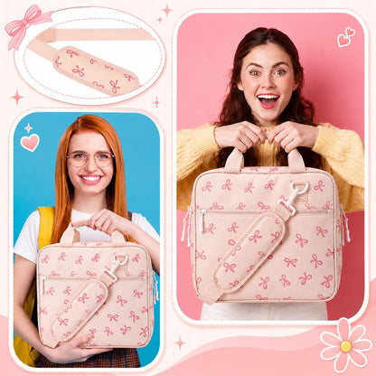 Zipper Binder Folder Keeper with Strap 2 Inch 3 Ring Multi-Pocket Zipper Bag for 13" Laptop 5-tab Expanding File Folder for Women Men Office Middle High School (Pink,Bow)