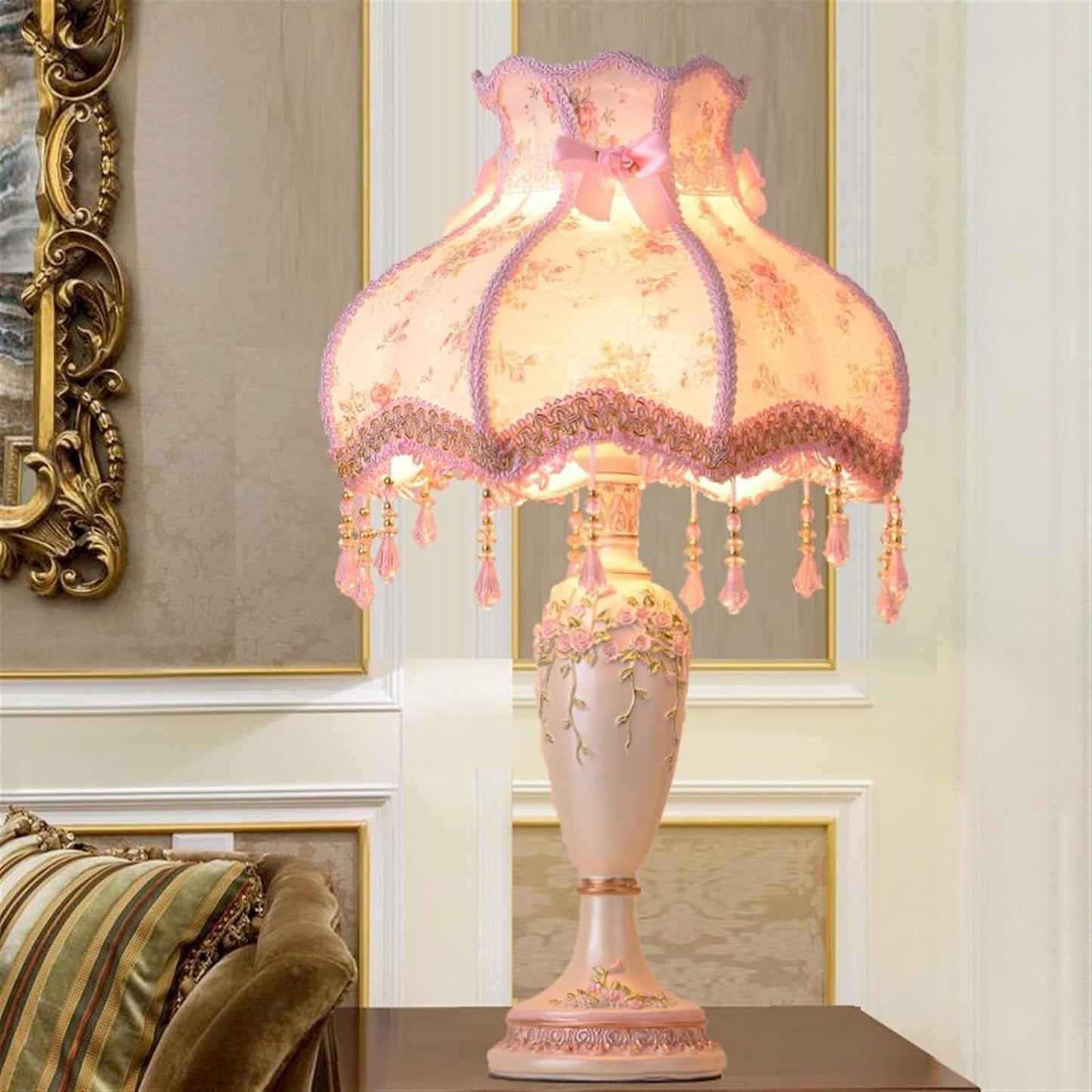 Bedroom Nightstand Princess Pink Table Lamp Handmade Victorian Lace Fabric Lampshade Resin Flower Carved Base