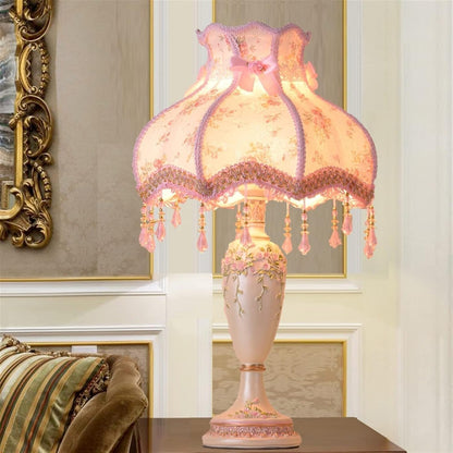 Bedroom Nightstand Princess Pink Table Lamp Handmade Victorian Lace Fabric Lampshade Resin Flower Carved Base