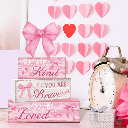 Capoda 4 Pieces Pink Bow Room Decor Bow Tiered Tray Decor Your are Kind, Brave, Loved Centerpiece Wooden Signs for Farmhouse Home Office Entryway Preppy Coquette Inspirational Table Decorations