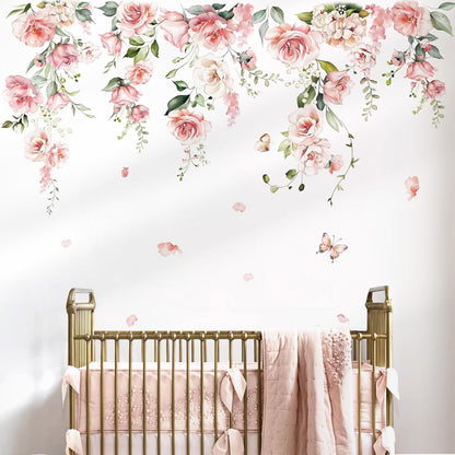 decalmile Large Pink Flower Wall Decals Hanging Vine Floral Wall Stickers Baby Nursery Girls Bedroom Living Room Wall Decor